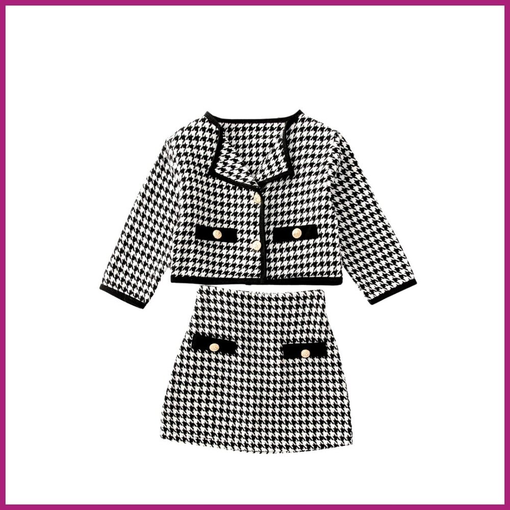 Girl's 2 Piece Houndstooth Tweed Jacket and Skirt Set Tea Party Outfit